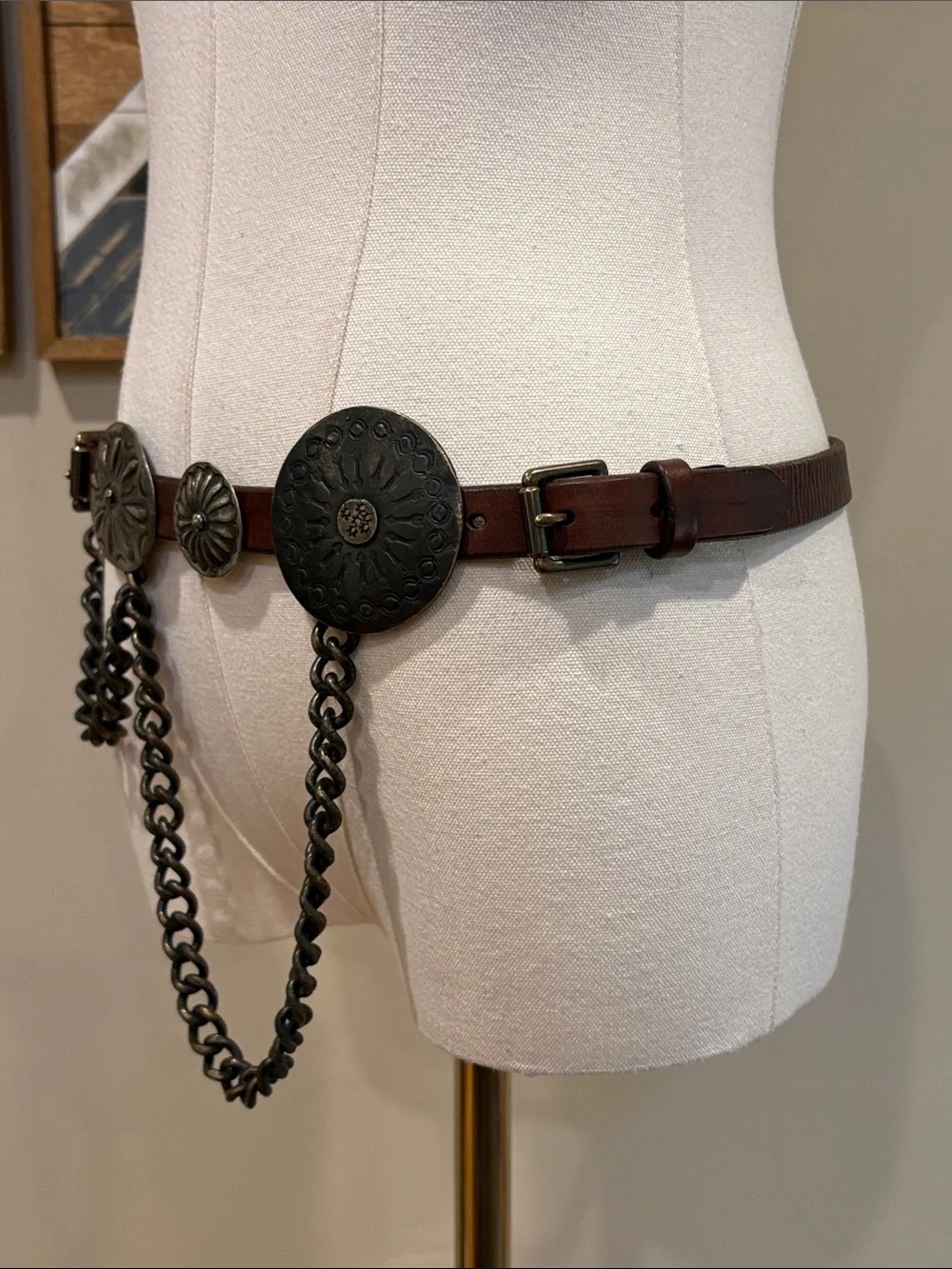 Ralph Lauren Collection Brown Leather Double Buckle Concho Chain Belt size Small